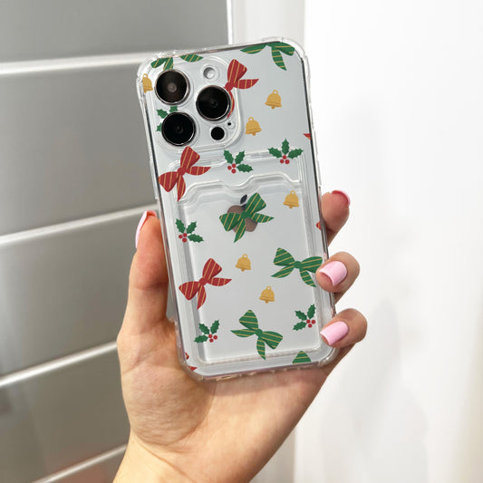 Christmas Bow Card Holder Phone Case for iPhone 17 16 15 14 13 12 11 11 Pro Max Mini 7 8 XR XS X Wallet Shockproof Phone Cover Custom Name