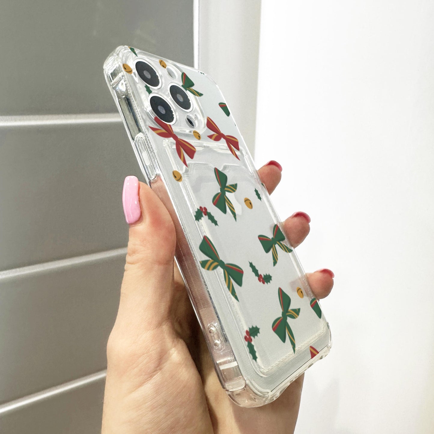 Christmas Bow Card Holder Phone Case for iPhone 17 16 15 14 13 12 11 11 Pro Max Mini 7 8 XR XS X Wallet Shockproof Phone Cover Custom Name