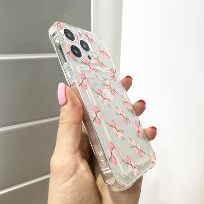 Cherry Blossom Floral Card Holder Phone Case for iPhone 17 16 15 14 13 12 11 11 Pro Max Mini 7 8 XR X Wallet Shockproof Phone Cover Custom