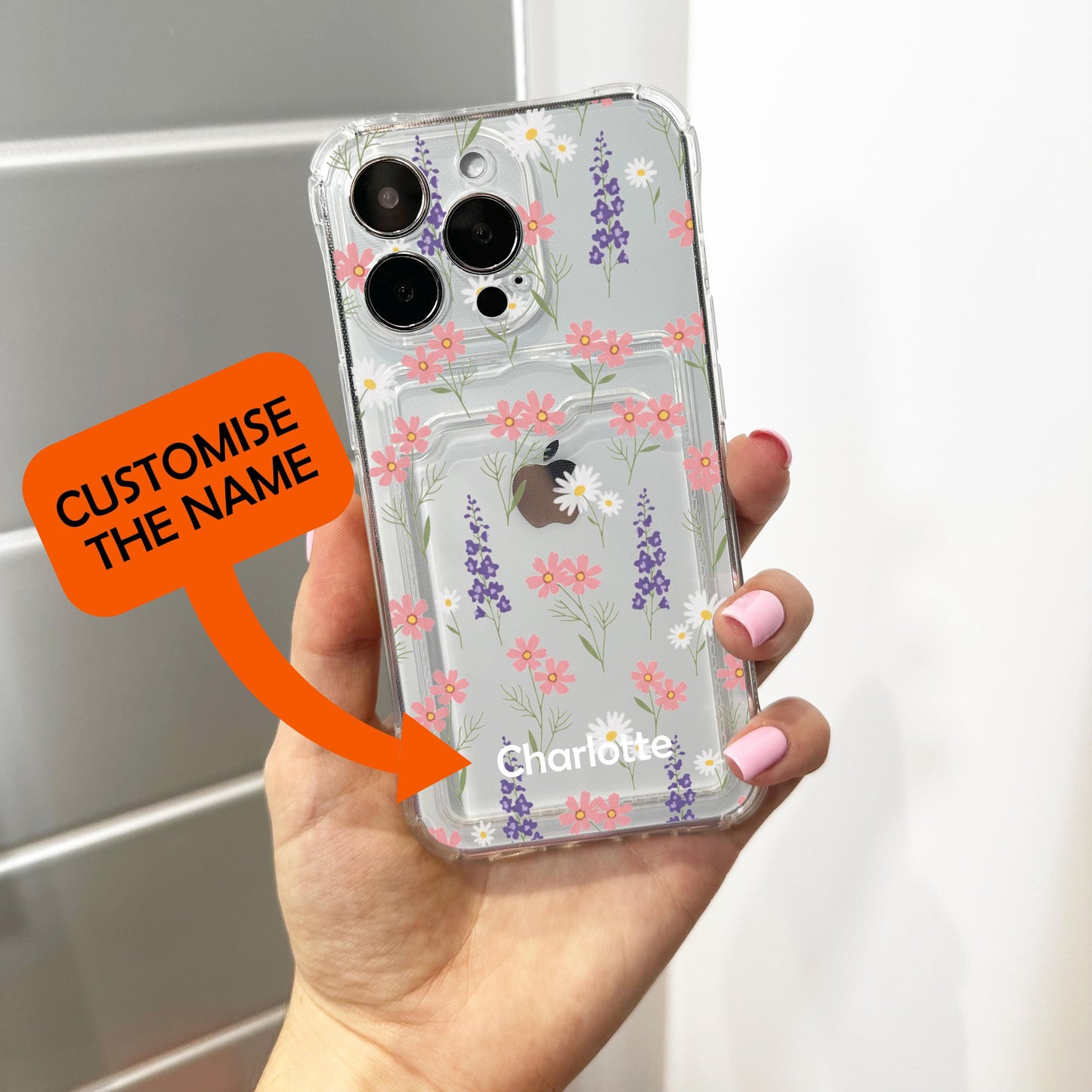 Pink Purple Wild Flower Card Holder Phone Case for iPhone 17 16 15 14 13 12 11 11 Pro Max Mini 7 8 Wallet Shockproof Phone Cover Custom Name