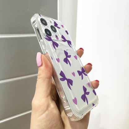 Purple Bow and Heart Card Holder Phone Case for iPhone 17 16 15 14 13 12 11 11 Pro Max Mini 7 8 XR Wallet Shockproof Phone Cover Custom Name
