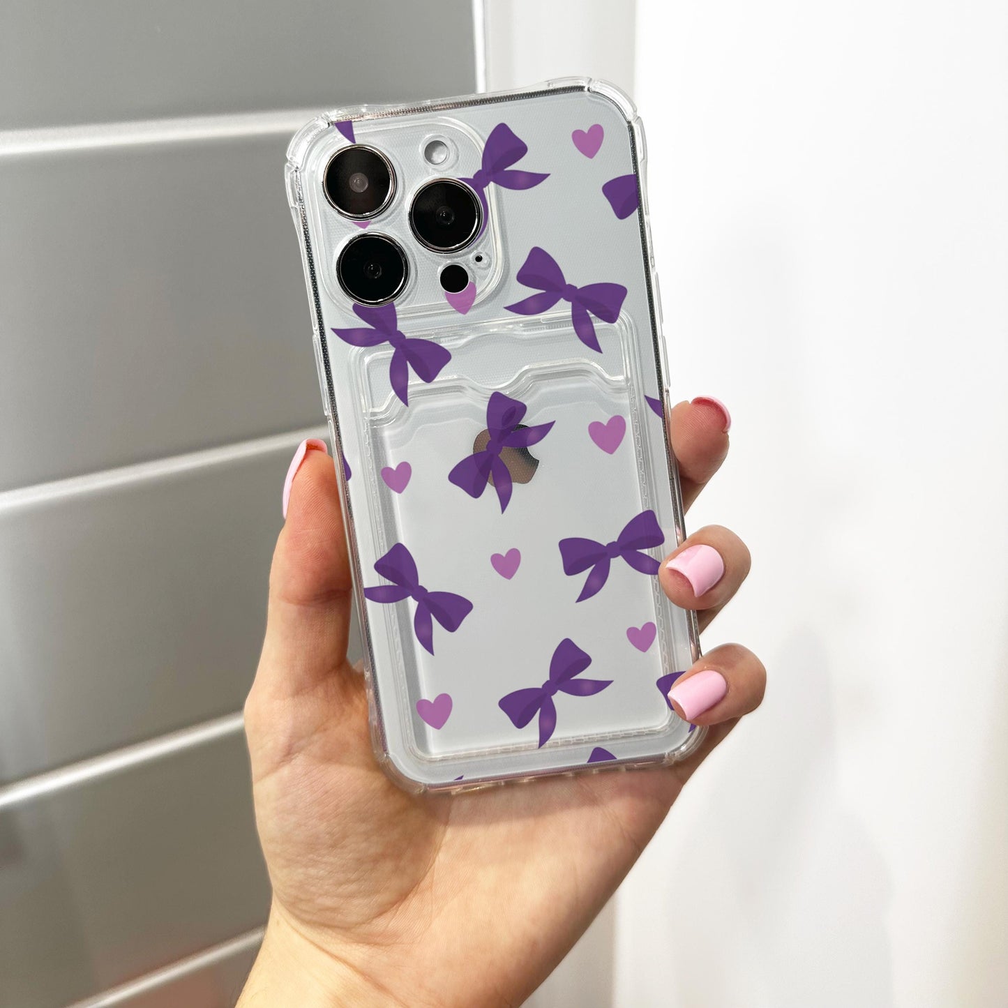 Purple Bow and Heart Card Holder Phone Case for iPhone 17 16 15 14 13 12 11 11 Pro Max Mini 7 8 XR Wallet Shockproof Phone Cover Custom Name