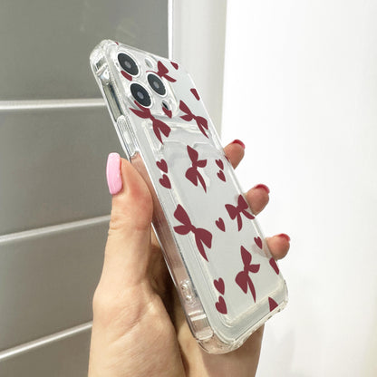 Burgundy Bow and Heart Card Holder Phone Case for iPhone 17 16 15 14 13 12 11 11 Pro Max Mini 7 8 Wallet Shockproof Phone Cover Custom Name
