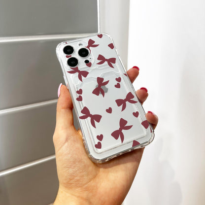 Burgundy Bow and Heart Card Holder Phone Case for iPhone 17 16 15 14 13 12 11 11 Pro Max Mini 7 8 Wallet Shockproof Phone Cover Custom Name