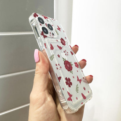 Burgundy Rose Butterfly Flower Card Holder Phone Case for iPhone 17 16 15 14 13 12 11 11 Pro Max Mini 7 Wallet Shockproof Phone Cover Custom