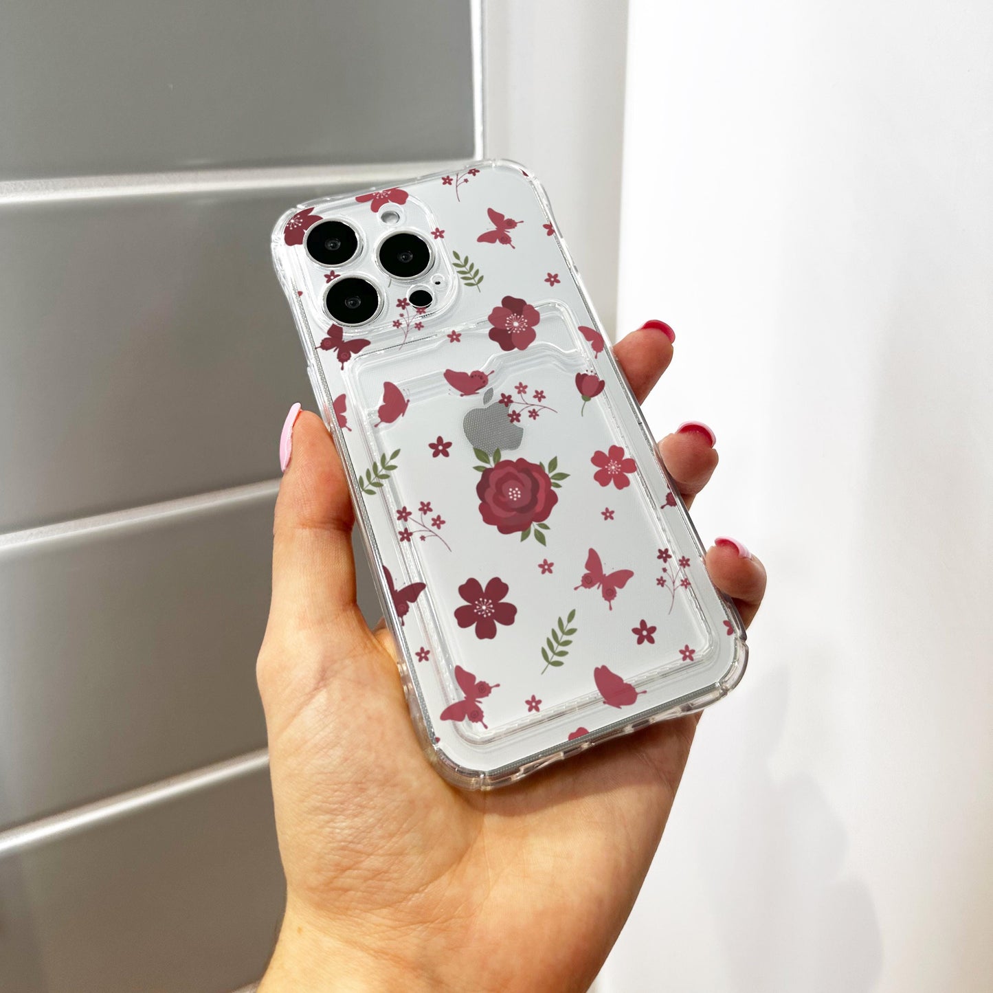 Burgundy Rose Butterfly Flower Card Holder Phone Case for iPhone 17 16 15 14 13 12 11 11 Pro Max Mini 7 Wallet Shockproof Phone Cover Custom
