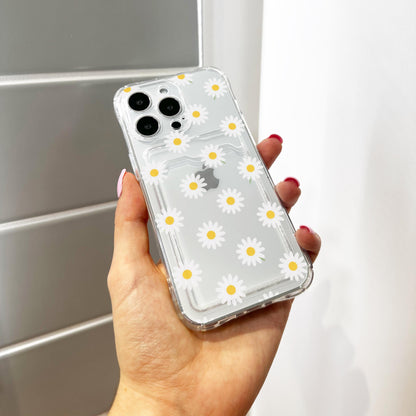 Floral Daisy Pattern Card Holder Phone Case for iPhone 17 16 15 14 13 12 11 11 Pro Max Mini 7 8 Wallet Shockproof Phone Cover Custom Name