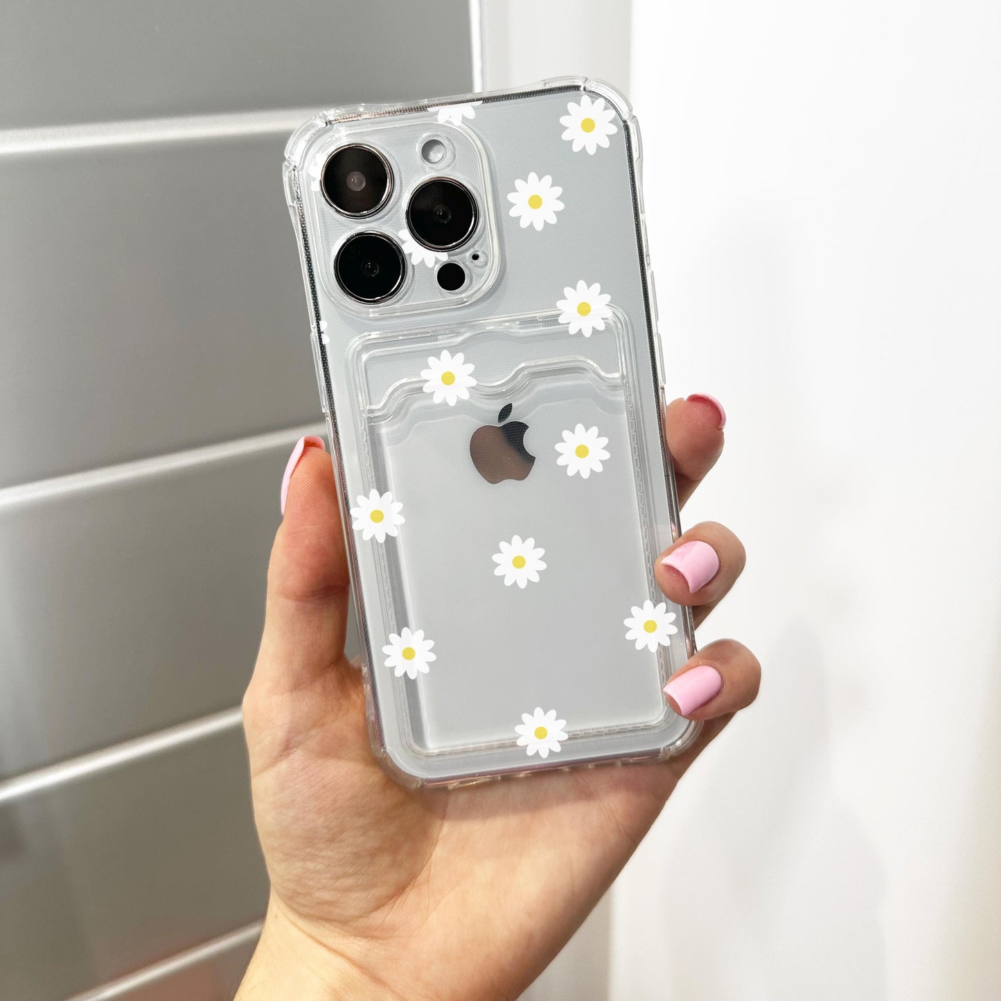 Floral Daisy Pattern Card Holder Phone Case for iPhone 17 16 15 14 13 12 11 11 Pro Max Mini 7 8 Wallet Shockproof Phone Cover Custom Name