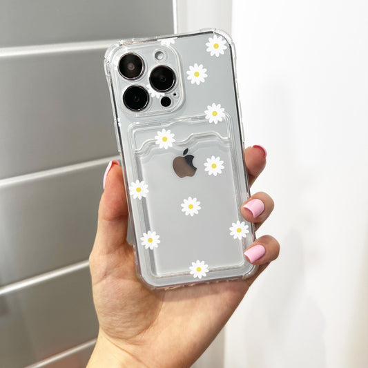 Floral Daisy Pattern Card Holder Phone Case for iPhone 17 16 15 14 13 12 11 11 Pro Max Mini 7 8 Wallet Shockproof Phone Cover Custom Name