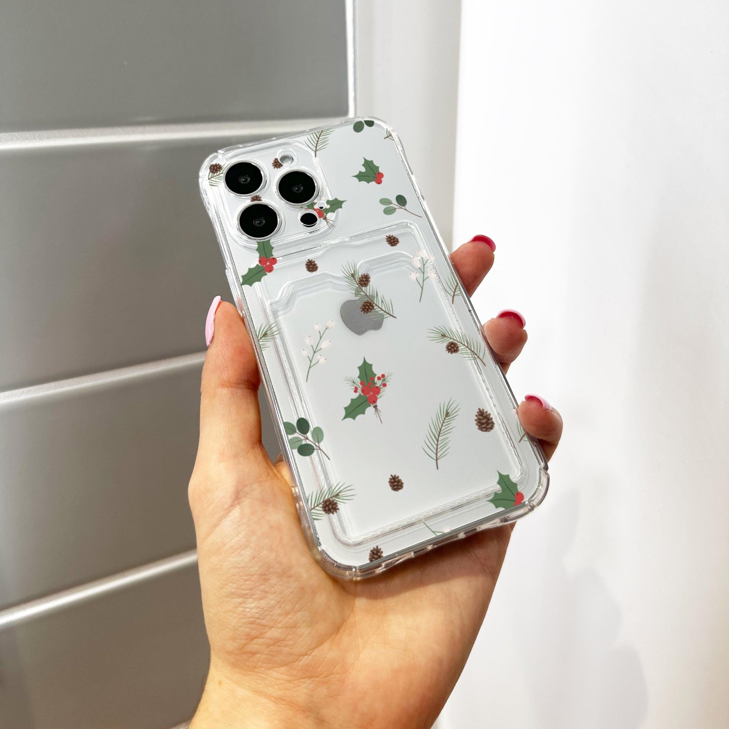 Christmas Pine Holly Berry Card Holder Phone Case for iPhone 17 16 15 14 13 12 11 11 Pro Max Mini 7 XR Wallet Shockproof Phone Cover Custom