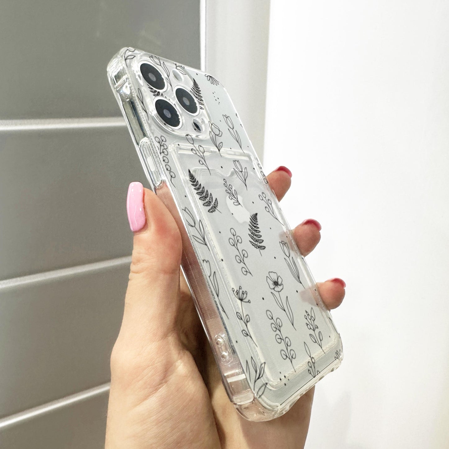 Black Line Art Wild Flower Clear Holder Phone Case for iPhone 17 16 15 14 13 12 11 11 Pro Max Mini 7 Wallet Shockproof Phone Cover Custom