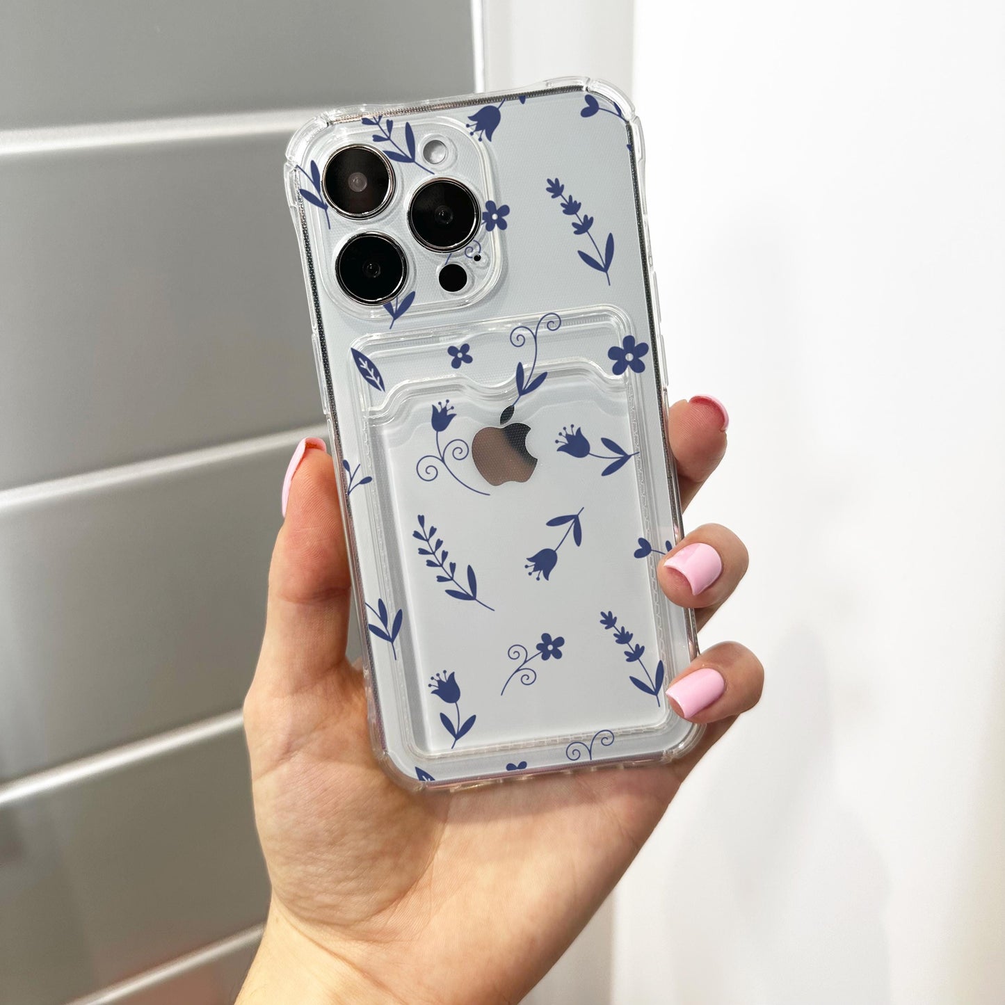 Navy Blue Wild Flower Card Holder Phone Case for iPhone 17 16 15 14 13 12 11 11 Pro Max Mini 7 XR Wallet Shockproof Phone Cover Custom Name
