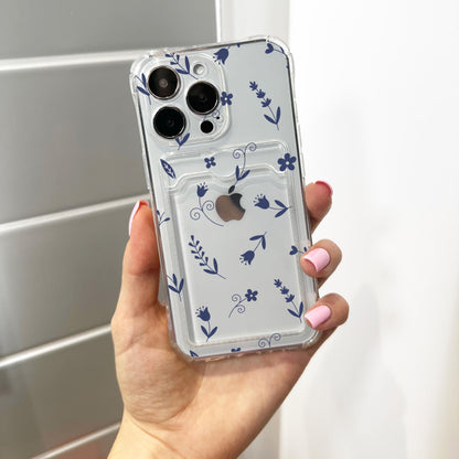 Navy Blue Wild Flower Card Holder Phone Case for iPhone 17 16 15 14 13 12 11 11 Pro Max Mini 7 XR Wallet Shockproof Phone Cover Custom Name