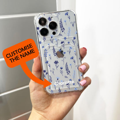 Navy Blue Wild Flower Card Holder Phone Case for iPhone 17 16 15 14 13 12 11 11 Pro Max Mini 7 8 XR X Wallet Shockproof Phone Cover Custom