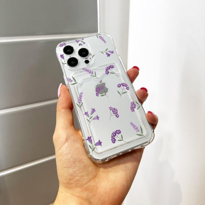 Purple Wild Flower Card Holder Phone Case for iPhone 17 16 15 14 13 12 11 11 Pro Max Mini 7 8 XR X Wallet Shockproof Phone Cover Custom Name