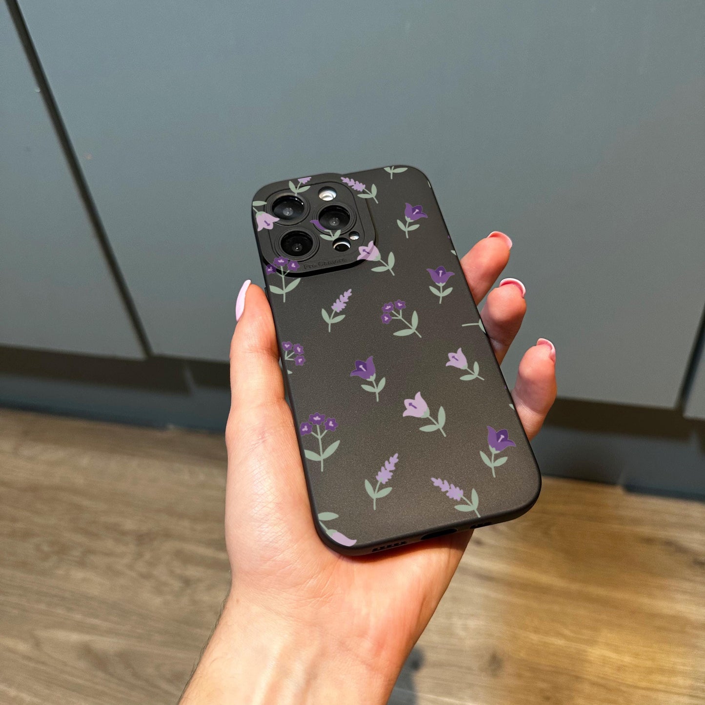 Purple Floral Flower Black Phone Case for iPhone 17 16 15 14 13 12 11 11 Pro Max Mini 7 8 XR XS X Shockproof Phone Cover with Custom Name