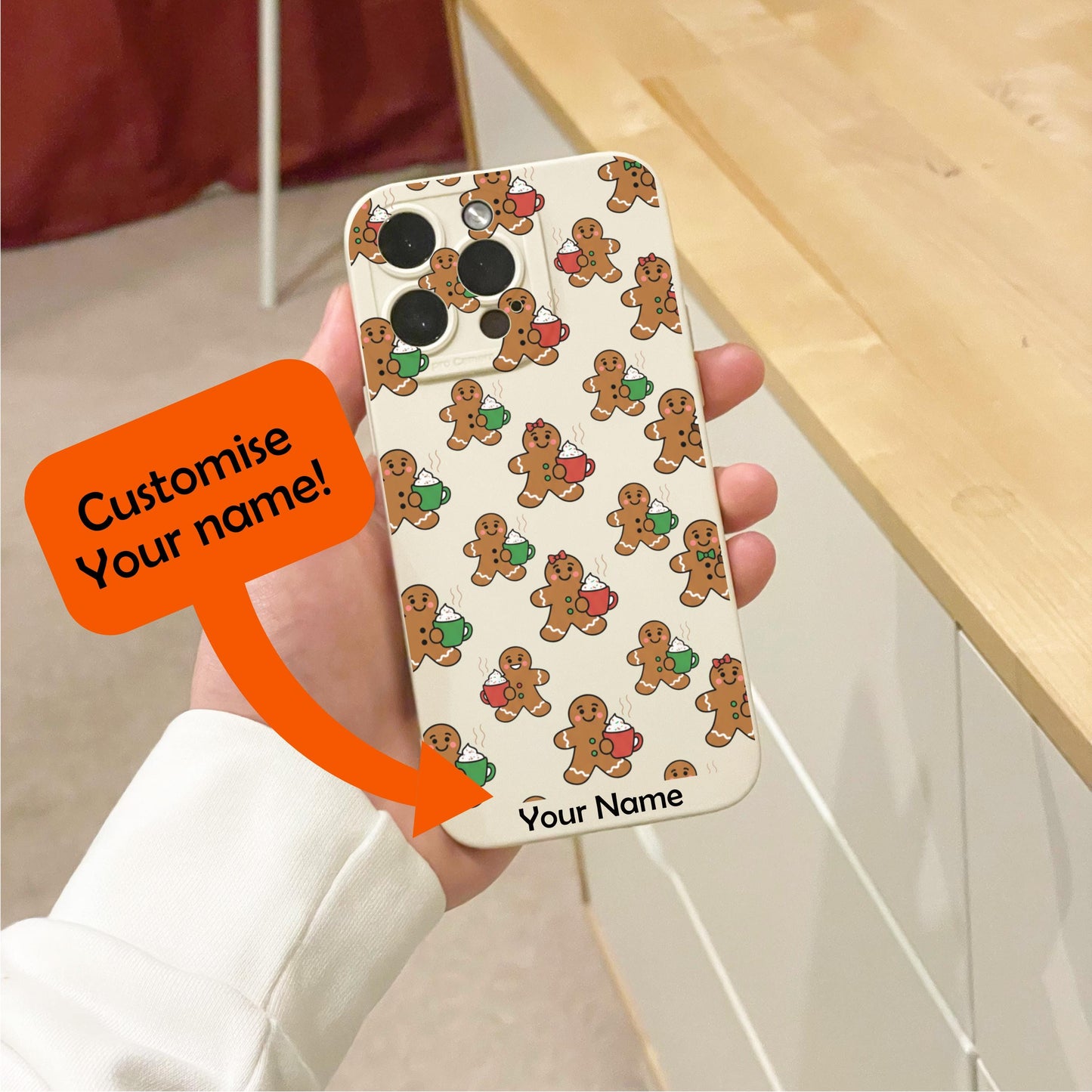 Christmas Gingerbread Man Beige Phone Case for iPhone 17 16 15 14 13 12 11 11 Pro Max Mini 7 8 XR X Shockproof Phone Cover with Custom Name