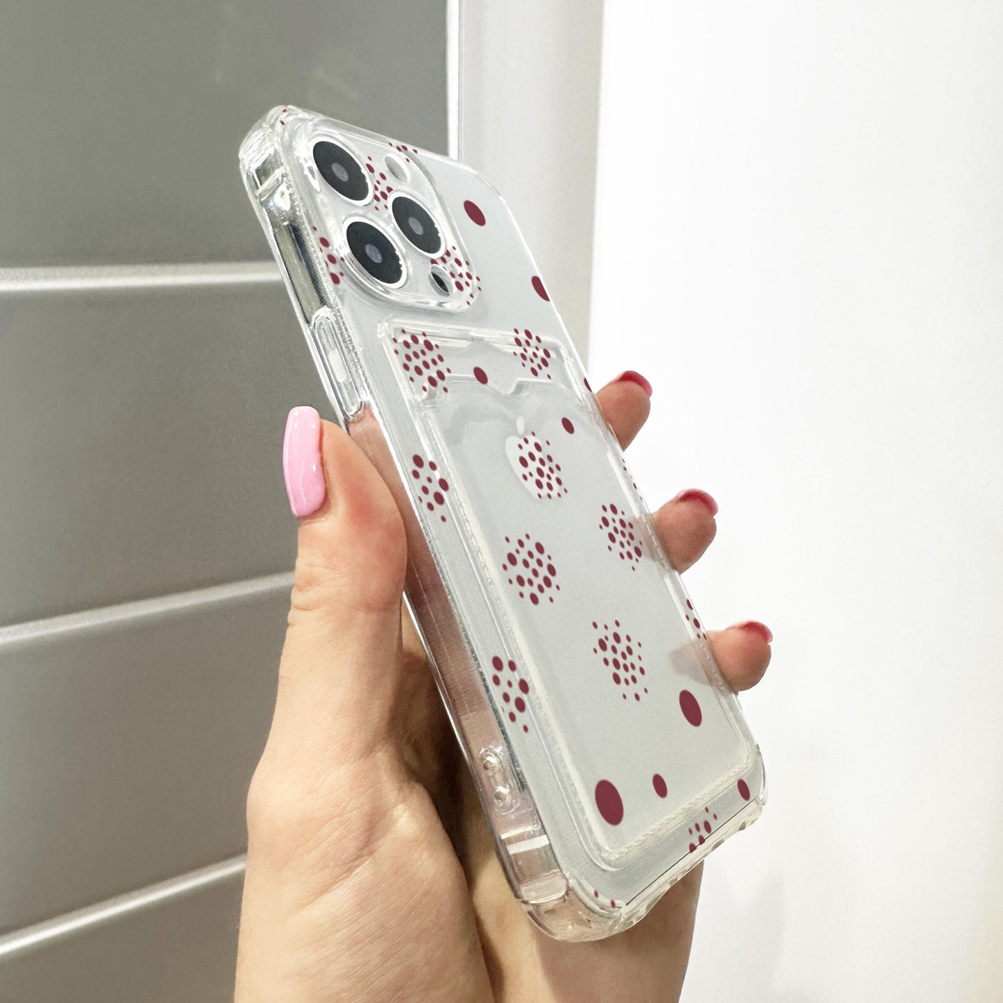 Burgundy Polka Dot Card Holder Phone Case for iPhone 17 16 15 14 13 12 11 11 Pro Max Mini 7 8 XR XS X Wallet Shockproof Phone Cover Custom