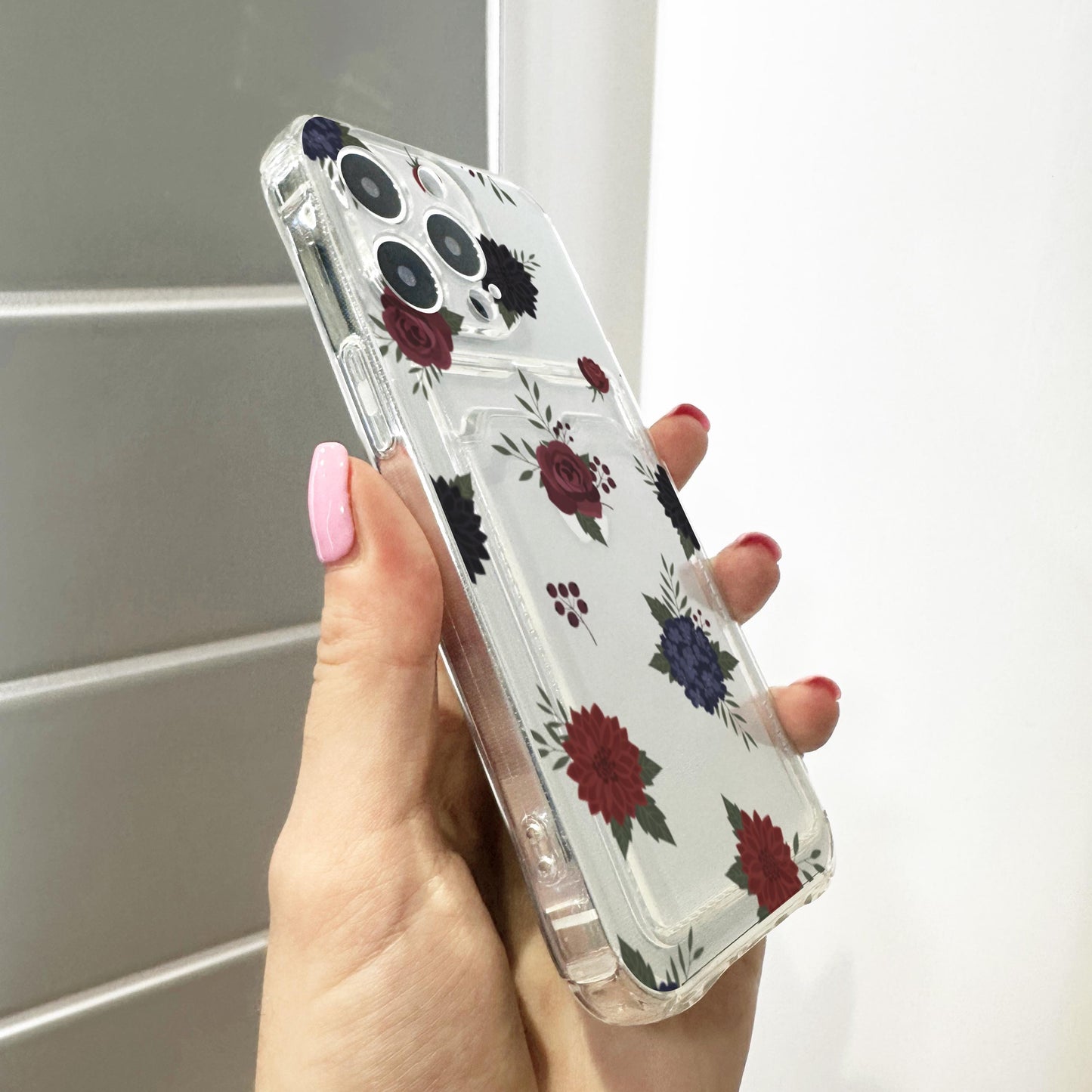 Dark Floral Burgundy Rose Card Holder Phone Case for iPhone 17 16 15 14 13 12 11 11 Pro Max Mini 7 8 XR XS X Wallet Shockproof Phone Cover