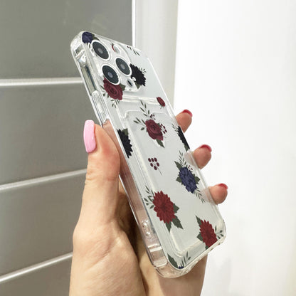 Dark Floral Burgundy Rose Card Holder Phone Case for iPhone 17 16 15 14 13 12 11 11 Pro Max Mini 7 8 XR XS X Wallet Shockproof Phone Cover