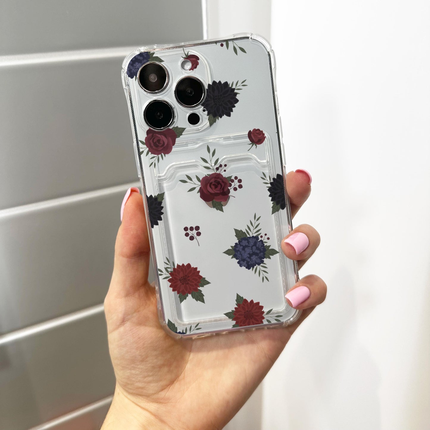 Dark Floral Burgundy Rose Card Holder Phone Case for iPhone 17 16 15 14 13 12 11 11 Pro Max Mini 7 8 XR XS X Wallet Shockproof Phone Cover