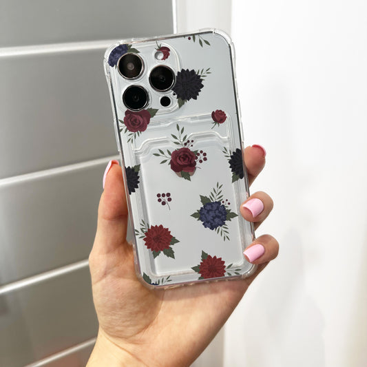 Dark Floral Burgundy Rose Card Holder Phone Case for iPhone 17 16 15 14 13 12 11 11 Pro Max Mini 7 8 XR XS X Wallet Shockproof Phone Cover