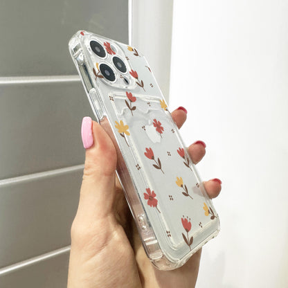 Floral Flower Clear Card Holder Phone Case for iPhone 17 16 15 14 13 12 11 11 Pro Max Mini 7 8 XR Wallet Shockproof Phone Cover Custom Name