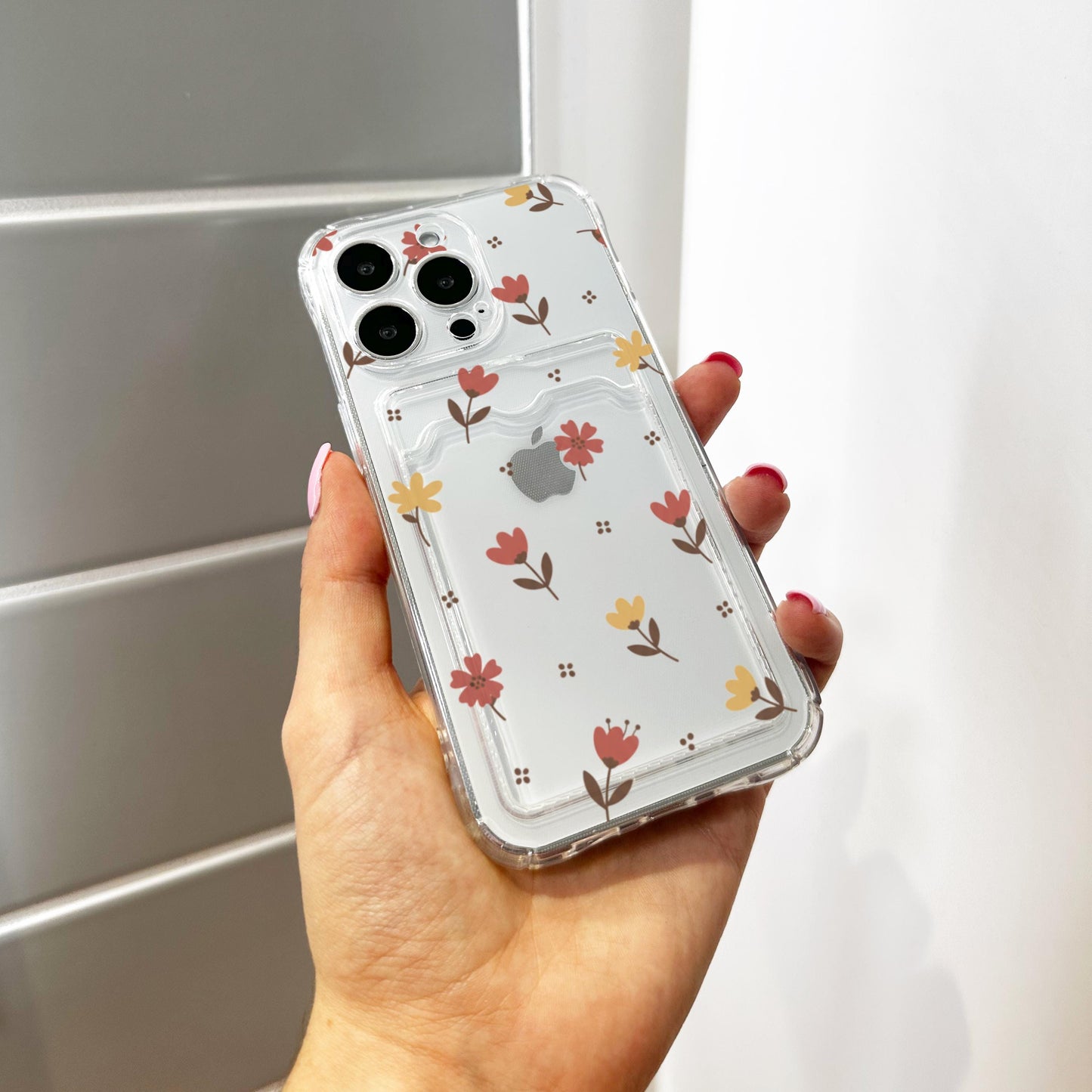 Floral Flower Clear Card Holder Phone Case for iPhone 17 16 15 14 13 12 11 11 Pro Max Mini 7 8 XR Wallet Shockproof Phone Cover Custom Name