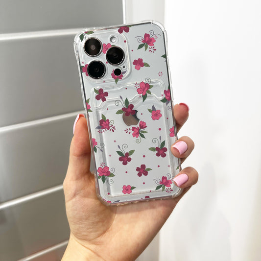 Dark Pink Floral Card Holder Phone Case for iPhone 17 16 15 14 13 12 11 11 Pro Max Mini 7 8 XR X Wallet Shockproof Phone Cover Custom Name