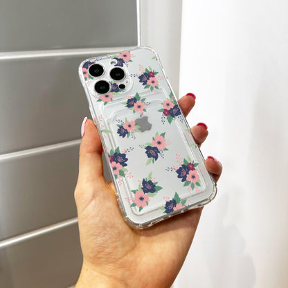 Pink Green Blue Floral Flower Card Holder Phone Case for iPhone 17 16 15 14 13 12 11 11 Pro Max Mini 7 8 XR X Wallet Shockproof Phone Cover