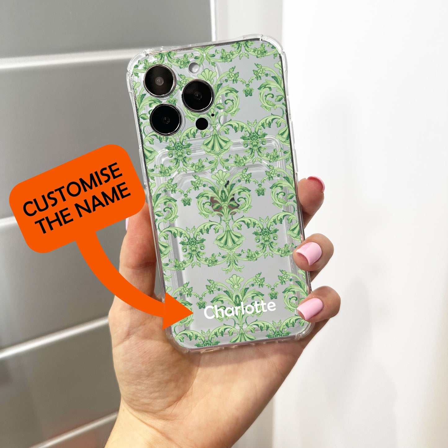 Green Baroque Revival Card Holder Phone Case for iPhone 17 16 15 14 13 12 11 11 Pro Max Mini 7 XR Wallet Shockproof Phone Cover Custom Name