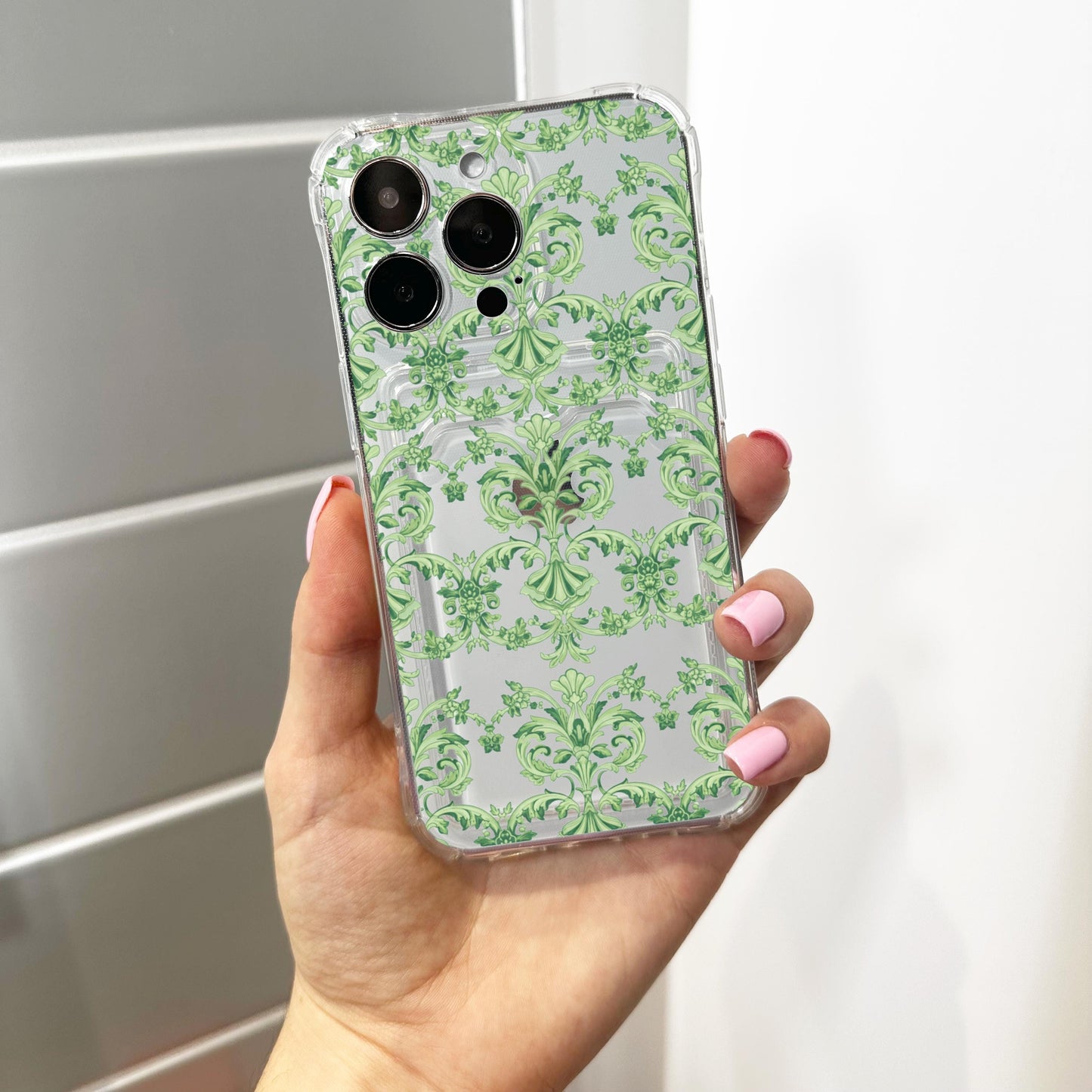 Green Baroque Revival Card Holder Phone Case for iPhone 17 16 15 14 13 12 11 11 Pro Max Mini 7 XR Wallet Shockproof Phone Cover Custom Name