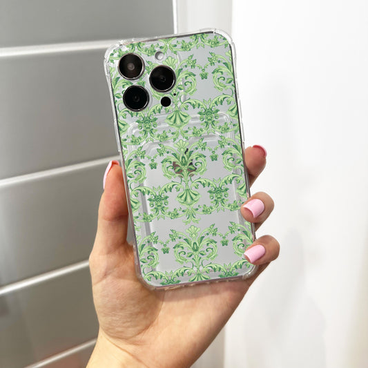 Green Baroque Revival Card Holder Phone Case for iPhone 17 16 15 14 13 12 11 11 Pro Max Mini 7 XR Wallet Shockproof Phone Cover Custom Name