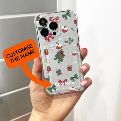 Christmas Bow Cocktail Card Holder Phone Case for iPhone 17 16 15 14 13 12 11 11 Pro Max Mini 7 8 XR XS X Wallet Shockproof Phone Cover