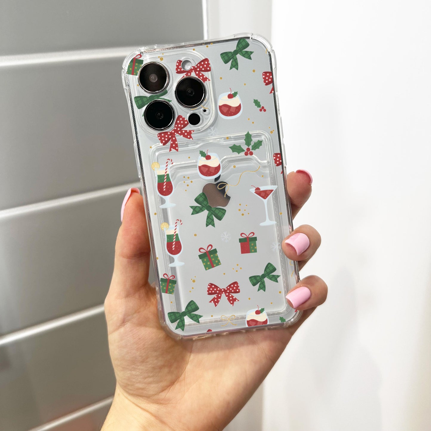 Christmas Bow Cocktail Card Holder Phone Case for iPhone 17 16 15 14 13 12 11 11 Pro Max Mini 7 8 XR XS X Wallet Shockproof Phone Cover