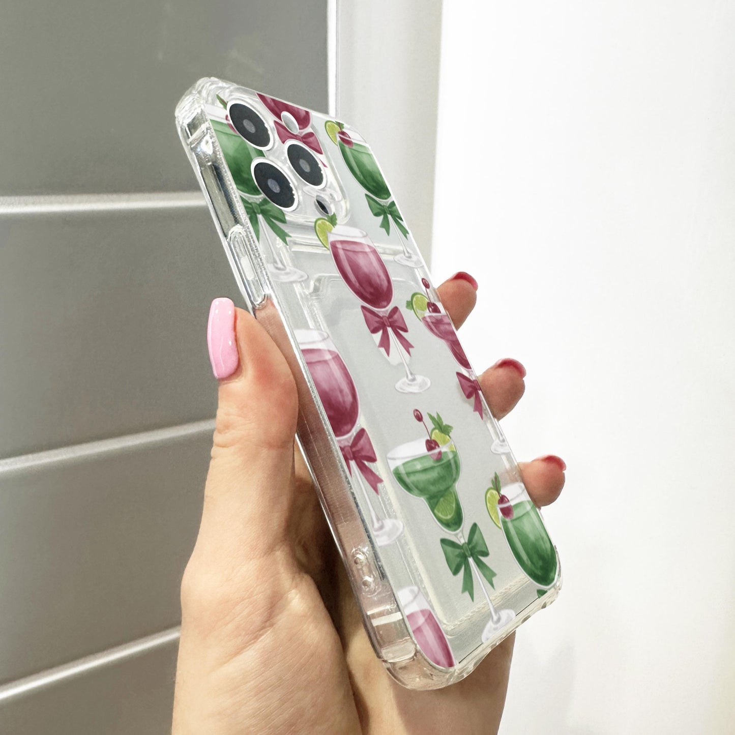 Cocktail Bow Green Burgundy Card Holder Phone Case for iPhone 17 16 15 14 13 12 11 11 Pro Max Mini 7 8 XR XS X Wallet Shockproof Phone Cover