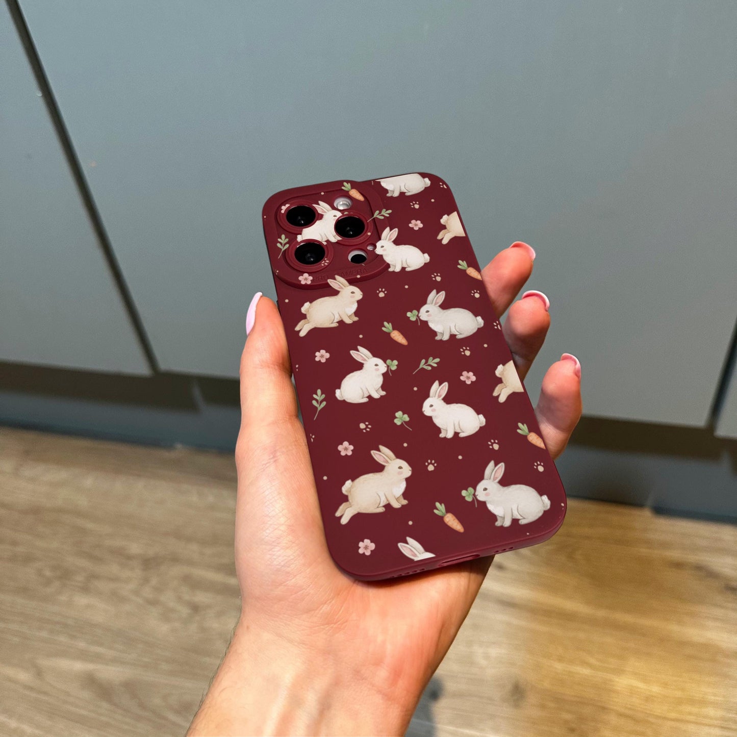 Rabbit Burgundy Phone Case for iPhone 17 16 15 14 13 12 11 11 Pro Max Mini 7 8 XR XS X Shockproof Phone Cover with Custom Name