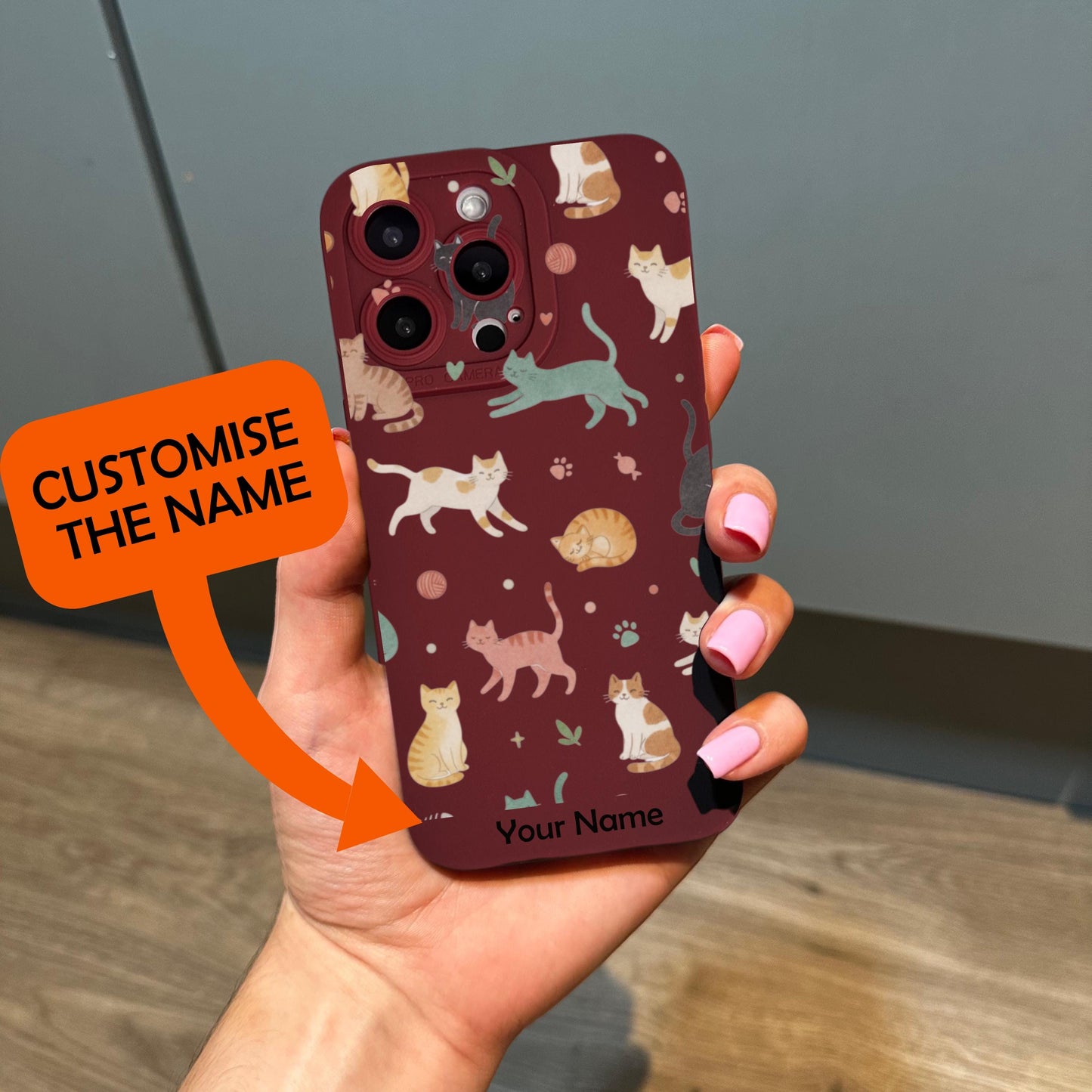 Cat Pattern Burgundy Phone Case for iPhone 17 16 15 14 13 12 11 11 Pro Max Mini 7 8 XR XS X Shockproof Phone Cover with Custom Name