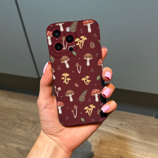 Burgundy Mushroom Fern Phone Case for iPhone 17 16 15 14 13 12 11 11 Pro Max Mini 7 8 XR XS X Shockproof Phone Cover with Custom Name