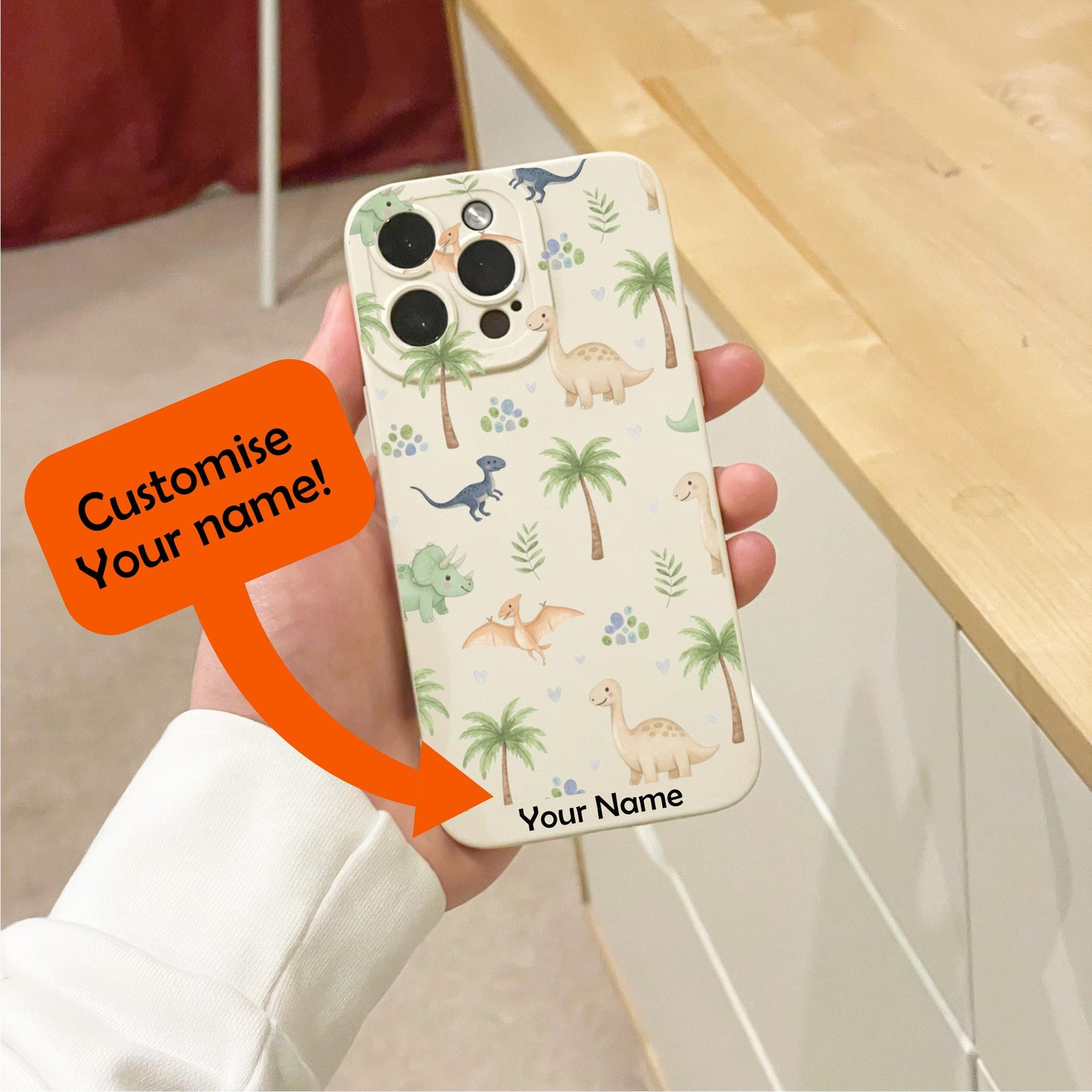 Watercolour Dinosaur Cartoon Beige Phone Case for iPhone 17 16 15 14 13 12 11 11 Pro Max Mini 7 8 XR XS X Shockproof Phone Cover Custom Name