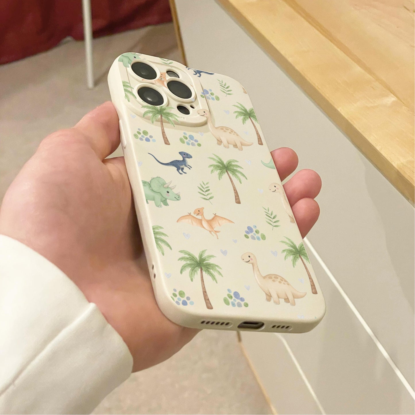 Watercolour Dinosaur Cartoon Beige Phone Case for iPhone 17 16 15 14 13 12 11 11 Pro Max Mini 7 8 XR XS X Shockproof Phone Cover Custom Name