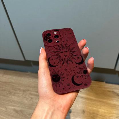 Celestial Moon Star Sun Burgundy Phone Case for iPhone 17 16 15 14 13 12 11 11 Pro Max Mini 7 8 XR XS X Shockproof Phone Cover Custom Name