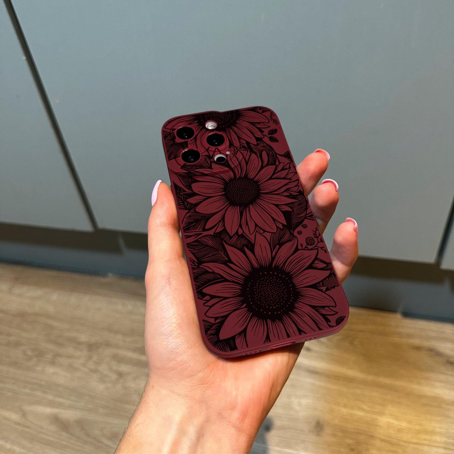 Black Sunflower Burgundy Phone Case for iPhone 17 16 15 14 13 12 11 11 Pro Max Mini 7 8 XR XS X Shockproof Phone Cover with Custom Name