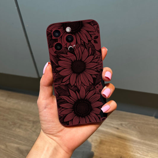 Black Sunflower Burgundy Phone Case for iPhone 17 16 15 14 13 12 11 11 Pro Max Mini 7 8 XR XS X Shockproof Phone Cover with Custom Name