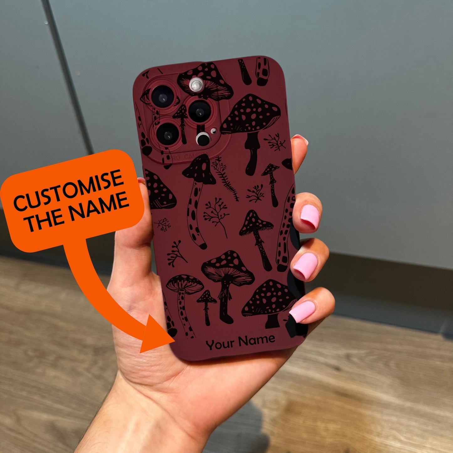 Black Mushroom Funky Burgundy Phone Case for iPhone 17 16 15 14 13 12 11 11 Pro Max Mini 7 8 XR XS X Shockproof Phone Cover with Custom Name