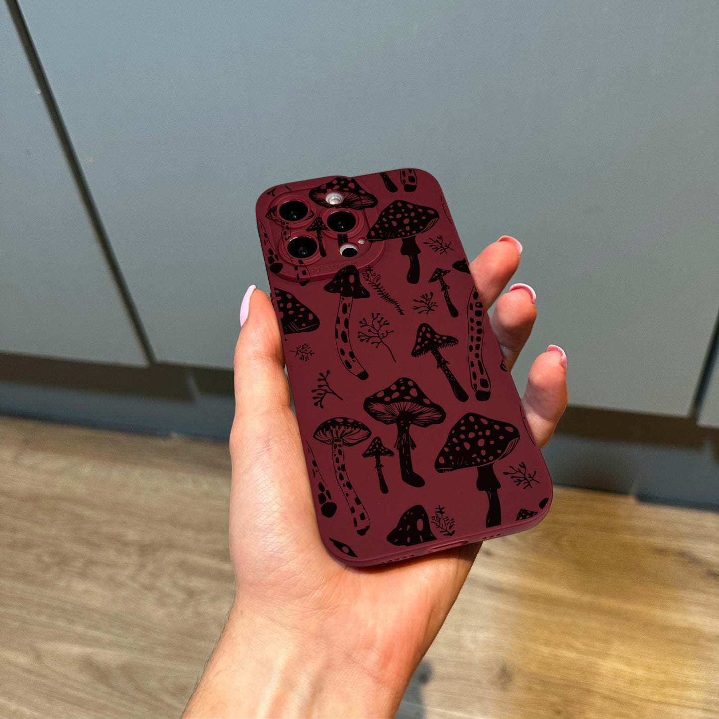 Black Mushroom Funky Burgundy Phone Case for iPhone 17 16 15 14 13 12 11 11 Pro Max Mini 7 8 XR XS X Shockproof Phone Cover with Custom Name