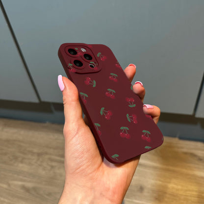 Cherry Pattern Burgundy Phone Case for iPhone 17 16 15 14 13 12 11 11 Pro Max Mini 7 8 XR XS X Shockproof Phone Cover with Custom Name