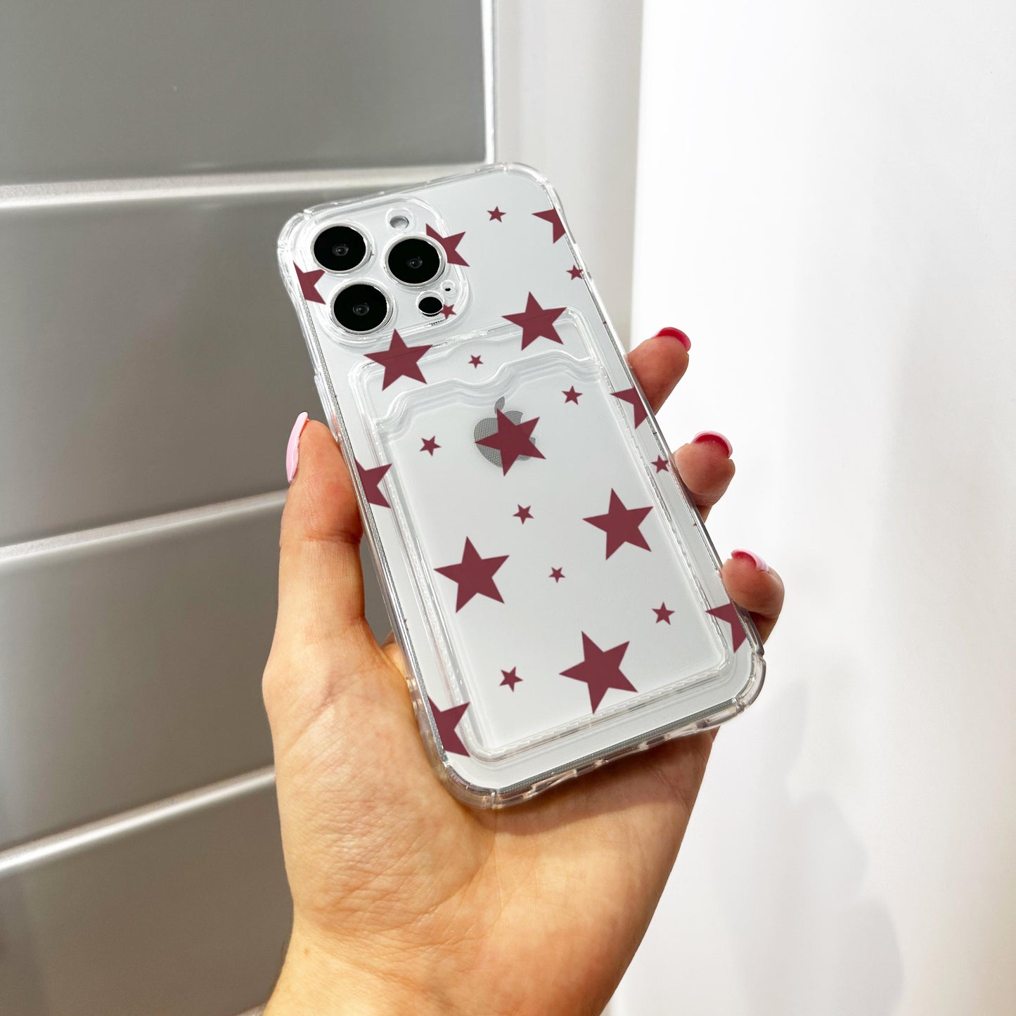 Burgundy Star Clear Card Holder Phone Case for iPhone 17 16 15 14 13 12 11 11 Pro Max Mini 7 XR X Wallet Shockproof Phone Cover Custom Name