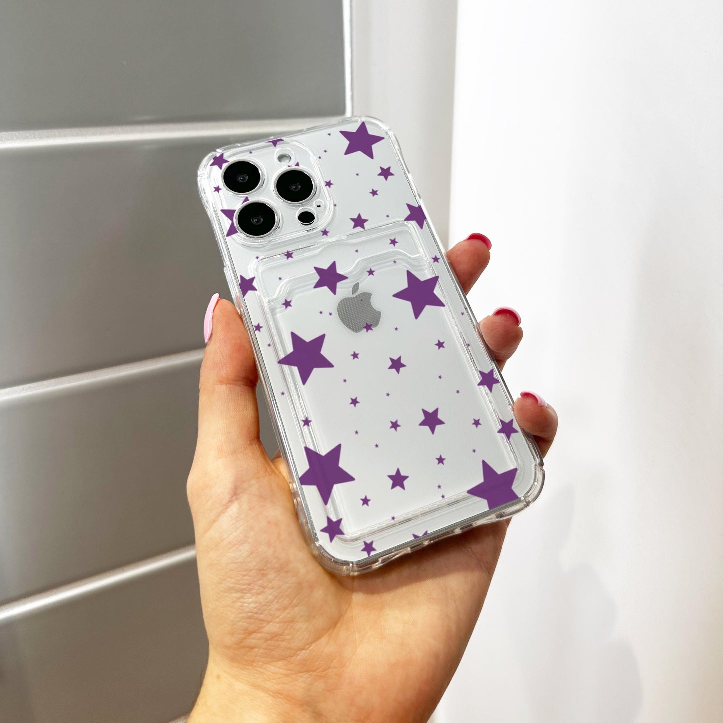 Rich Violet Star Clear Card Holder Phone Case for iPhone 17 16 15 14 13 12 11 11 Pro Max Mini 7 XR XS X Wallet Shockproof Phone Cover Custom