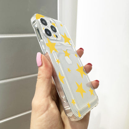 Bright Yellow Star Card Holder Phone Case for iPhone 17 16 15 14 13 12 11 11 Pro Max Mini 7 8 XR X Wallet Shockproof Phone Cover Custom Name